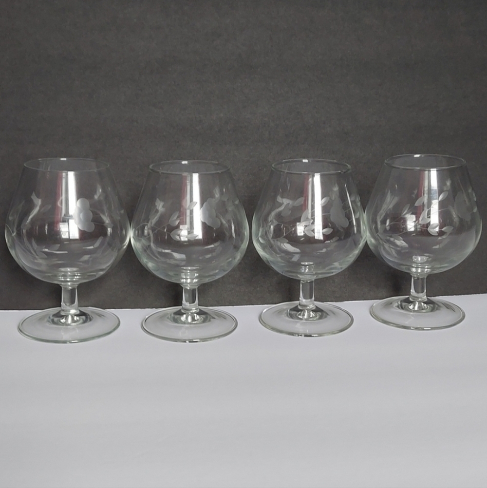 Floral Etched Crystal Brandy Snifters Set